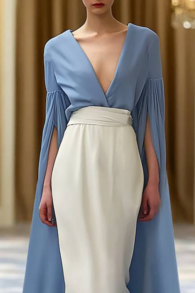 Semiformal Party Dress Blue White Deep V Cape Sleeve Midi Dress