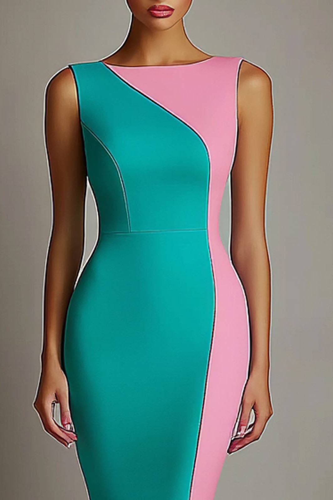 Cocktail Party Dress Pink Green Sleeveless Round Neck Mini Dress