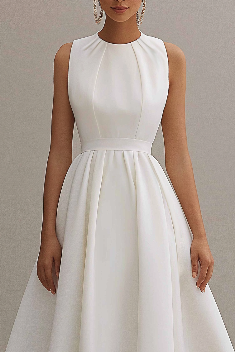 Semi Formal Party Dress White Round Neck Sleeveless A-Line Midi Dress