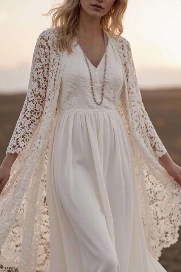 Vacation Lace Dress Set Long Sleeve Cardigan V-Neck Floor-Length Dress Set
