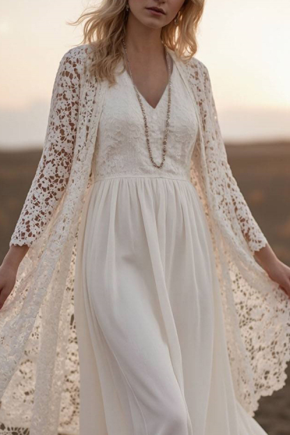 Vacation Lace Dress Set Long Sleeve Cardigan V-Neck Floor-Length Dress Set