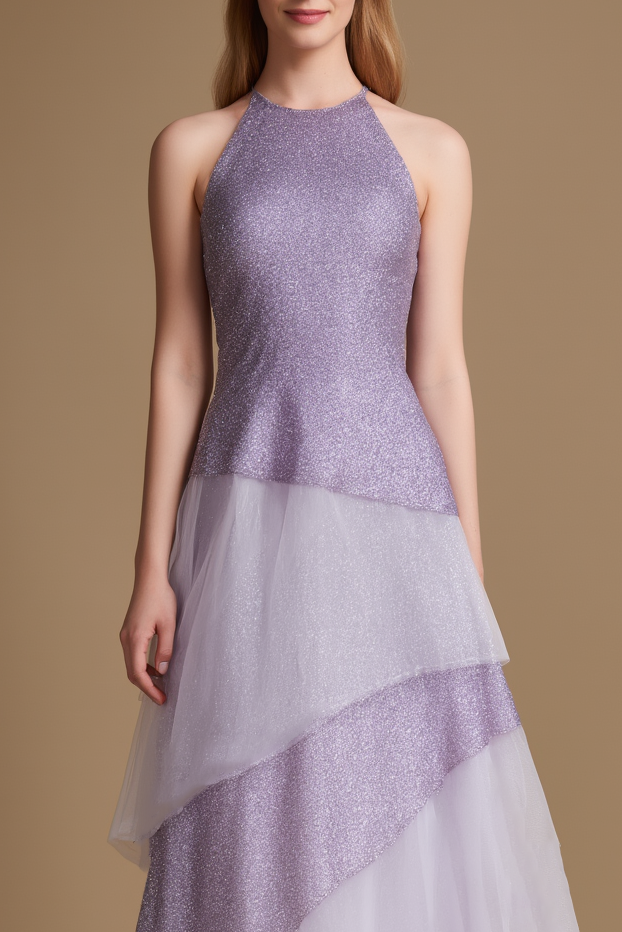 Party Tiered Dress Purple Halter Neck Mesh Dress