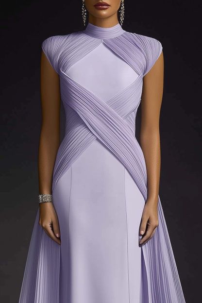 Formal Evening Dress Purple Stand Collar Pleated Train Gown