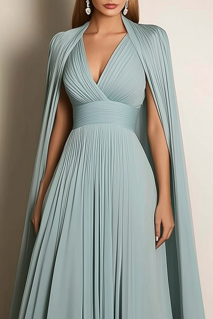 Formal Evening Dress Light Green V-Neck Pleated Cape Floor-Length Gown