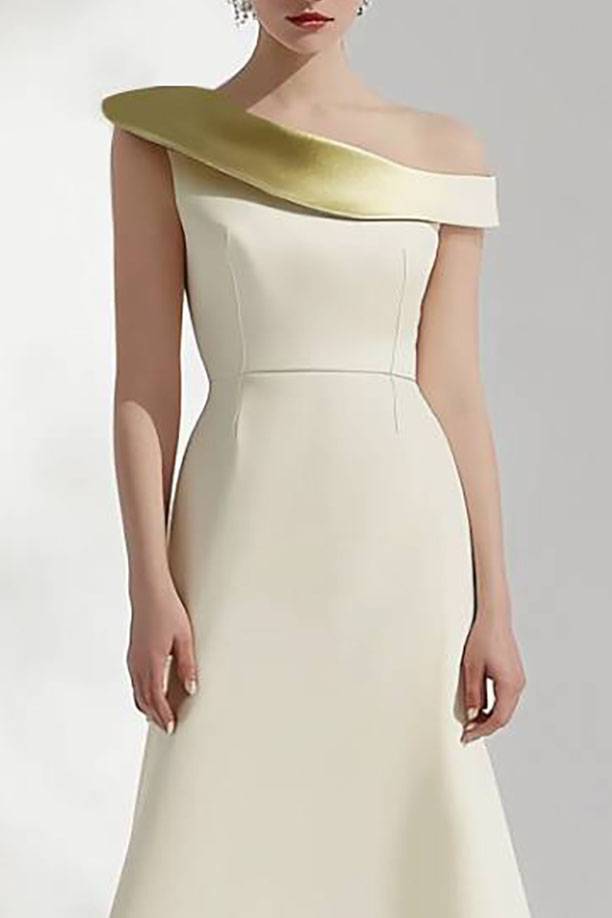 Formal Evening Dress Beige One Shoulder A-Line Maxi Gown