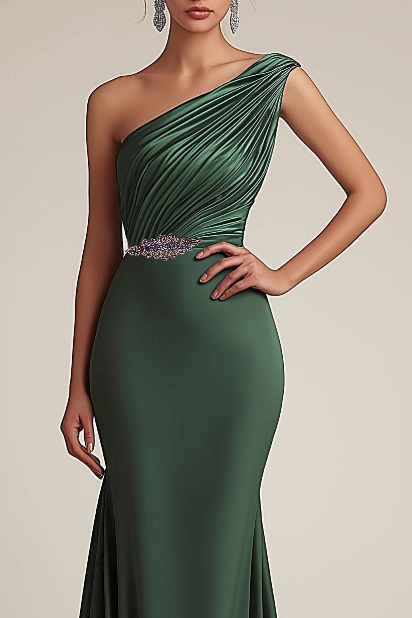 Formal Evening Dress Green One Shoulder Pleated Mermaid Floor-Length Gown