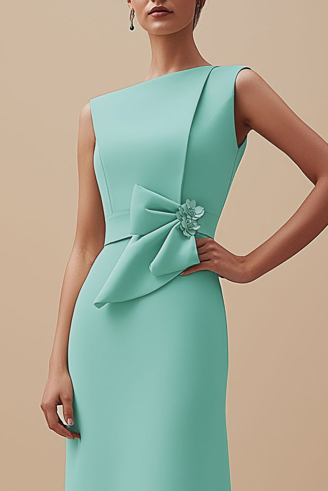 Work Semi Formal Dress Light Green Sleeveless Bow Knee Length Dress