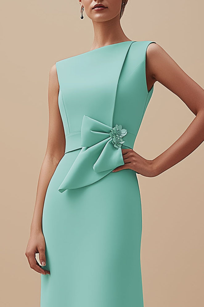 Work Semi Formal Dress Light Green Sleeveless Bow Knee Length Dress