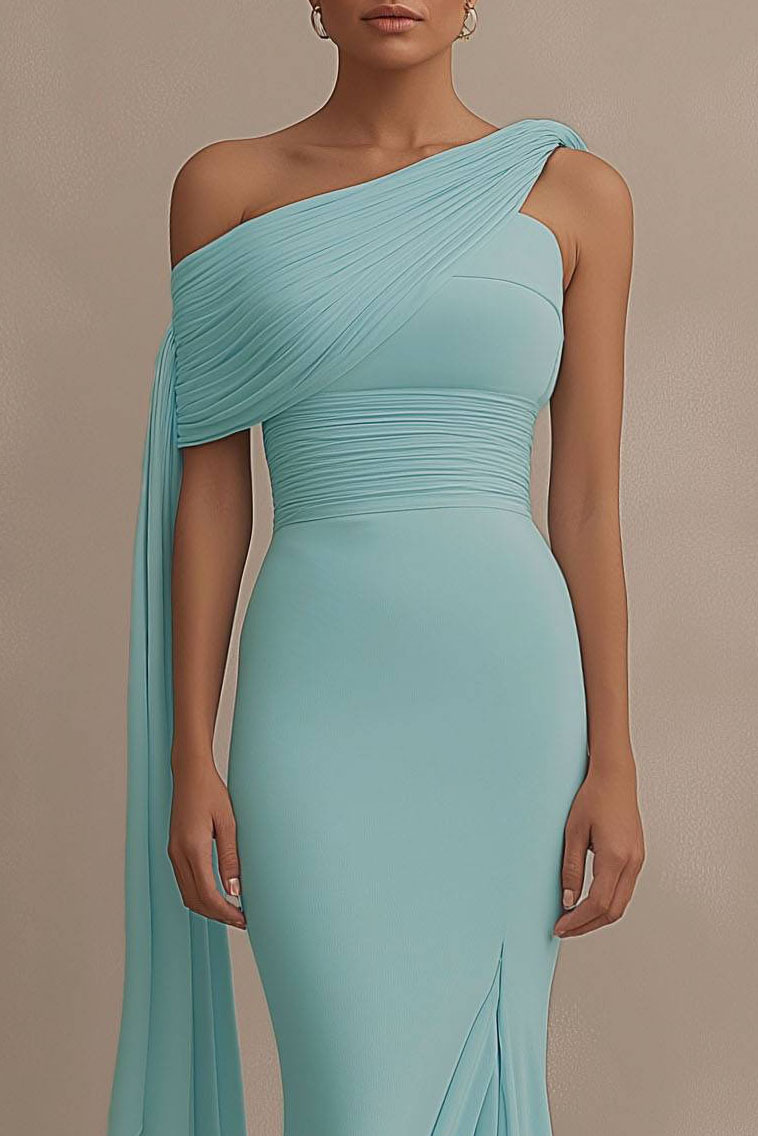 Formal Evening Dress Light Blue One Shoulder Draped Slit Floor Dress