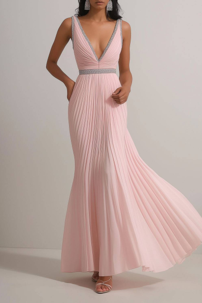 Party Dress Pink Deep V Sleeveless Pleated Maxi Dress