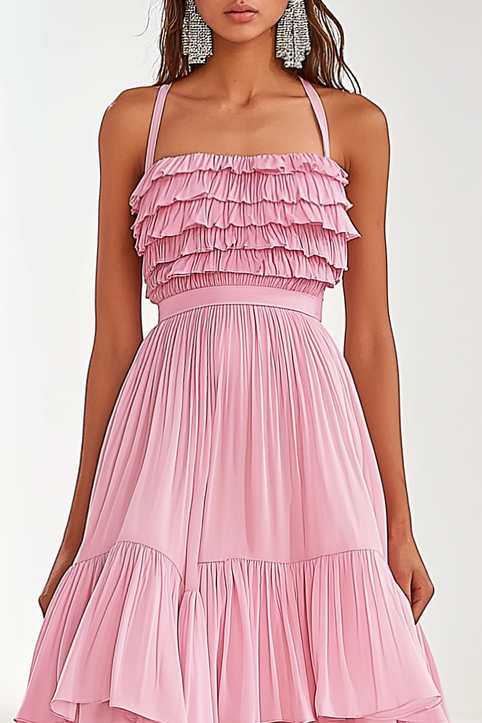 Vacation Party Tiered Dress Pink Spaghetti Strap Ruffle Floor Dress