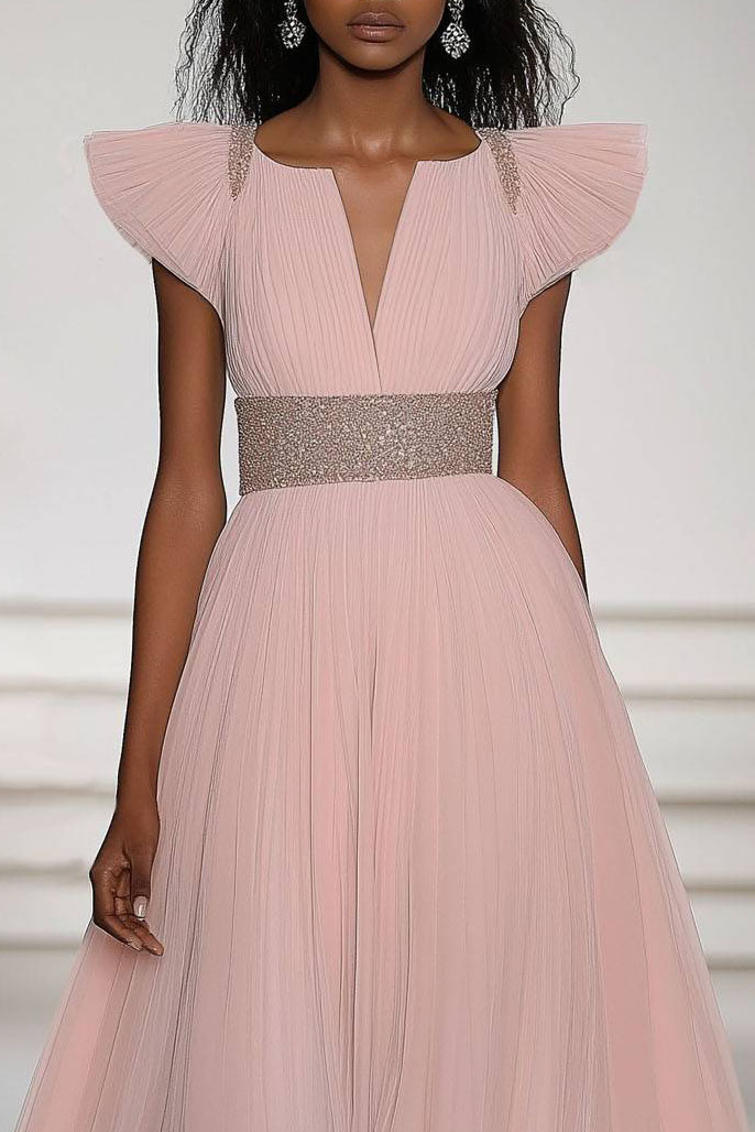 Party Dress Pink Chiffon V Neck Belted Maxi Dress