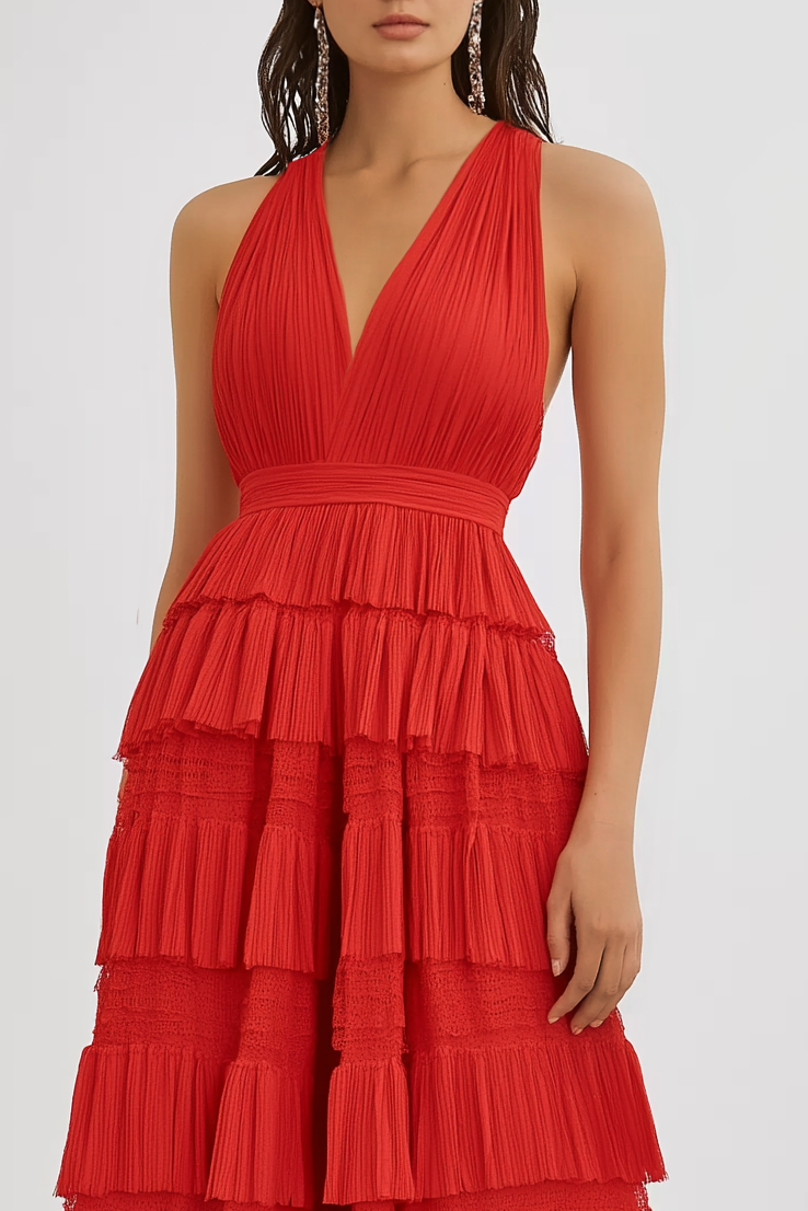 Prom Party Tiered Dress Red Halter V Neck Floor Dress