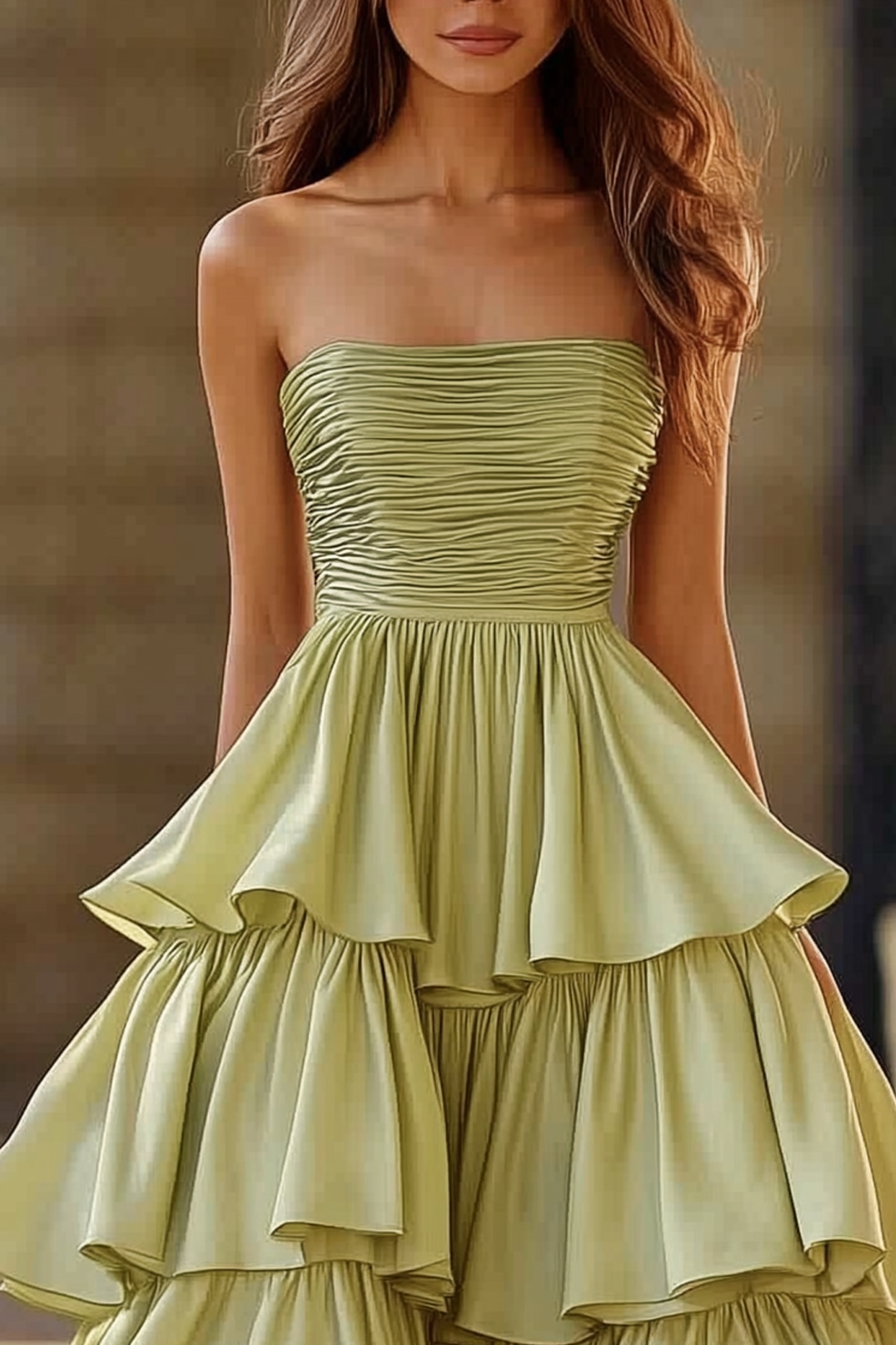 Formal Prom Tiered Dress Light Green Strapless Floor Dress