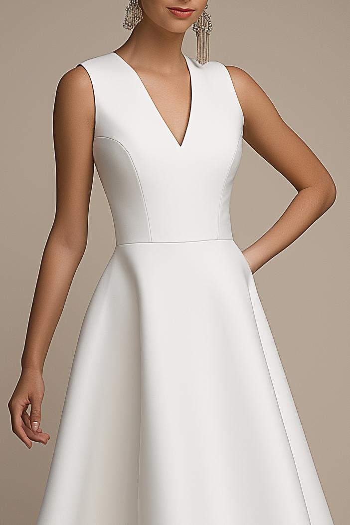 Work Party Dress White V Neck Sleeveless A-Line Midi Dress