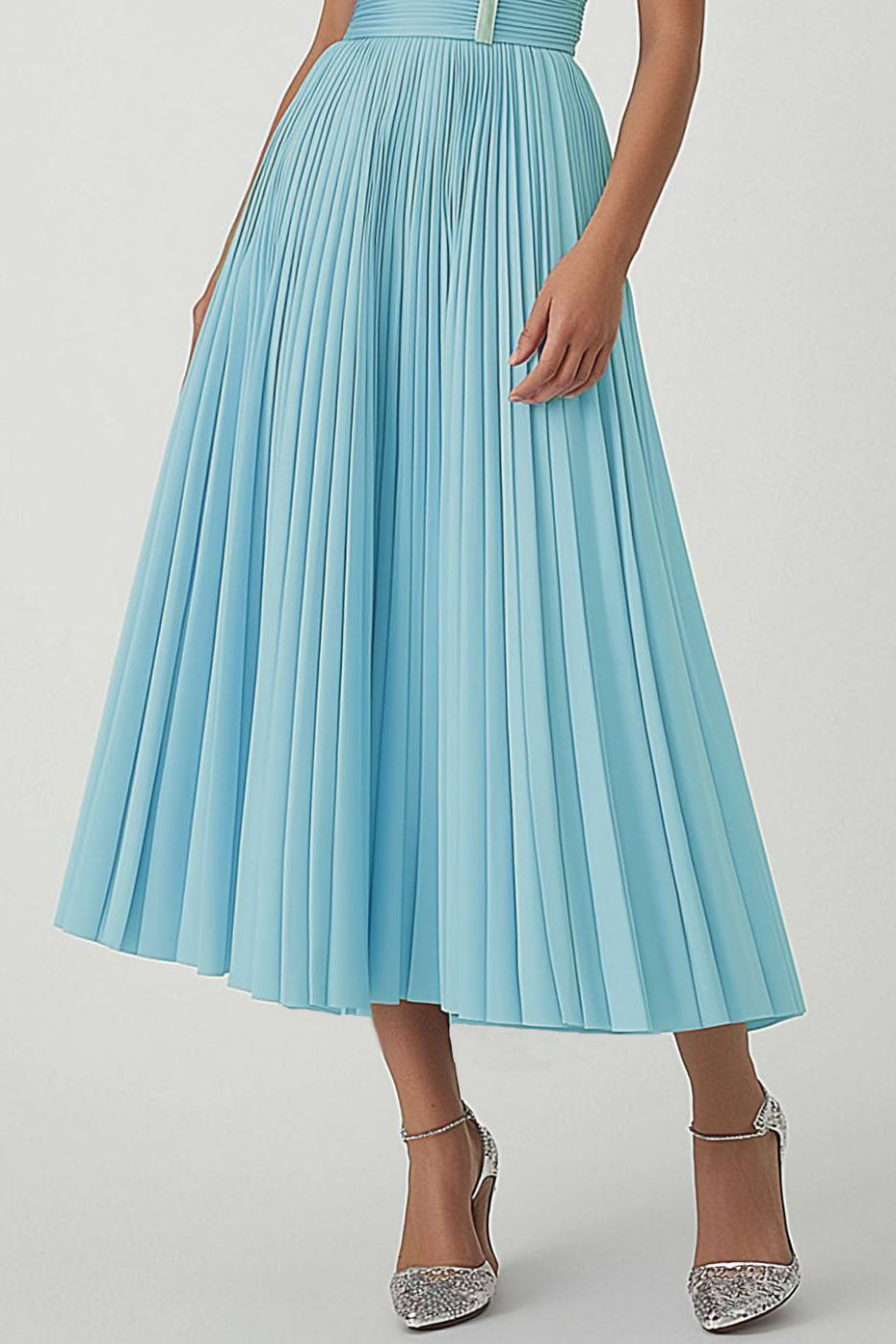 Party Semi Formal Dress Light Blue Sleeveless A-Line Pleated Midi Dress