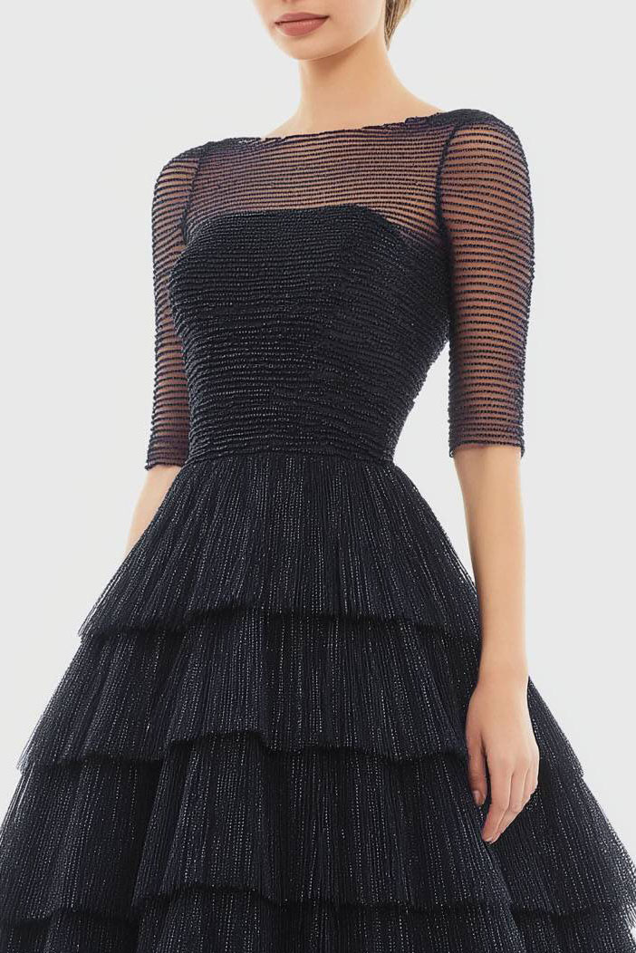 Prom Party Tiered Dress Black Mesh Half Sleeve A-Line Maxi Dress