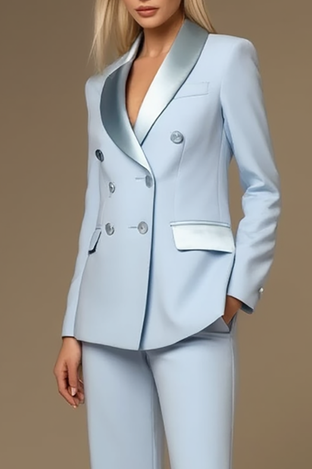 Work Formal Blazer Suit Set Light Blue Lapel Long Sleeve Pantsuit