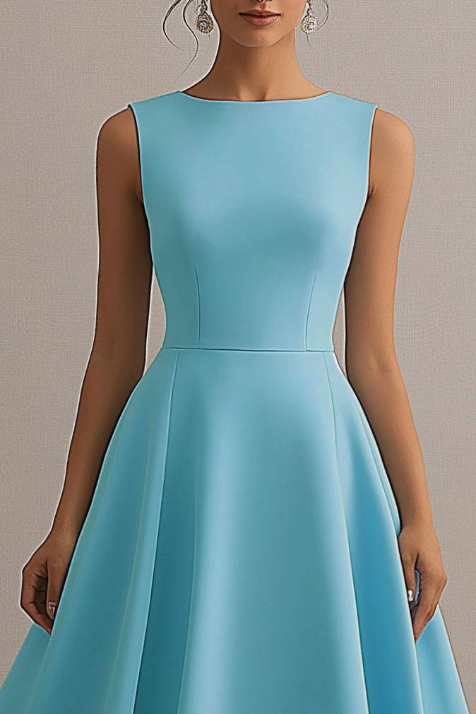 Party Dress Light Blue Round Neck Sleeveless A-Line Midi Dress