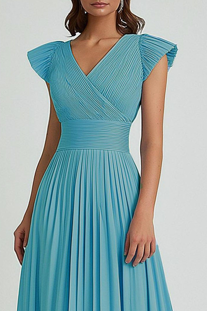 Party Dress Light Blue Round Neck Pleated A-Line Midi Dress