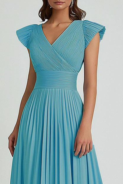 Party Dress Light Blue Round Neck Pleated A-Line Midi Dress