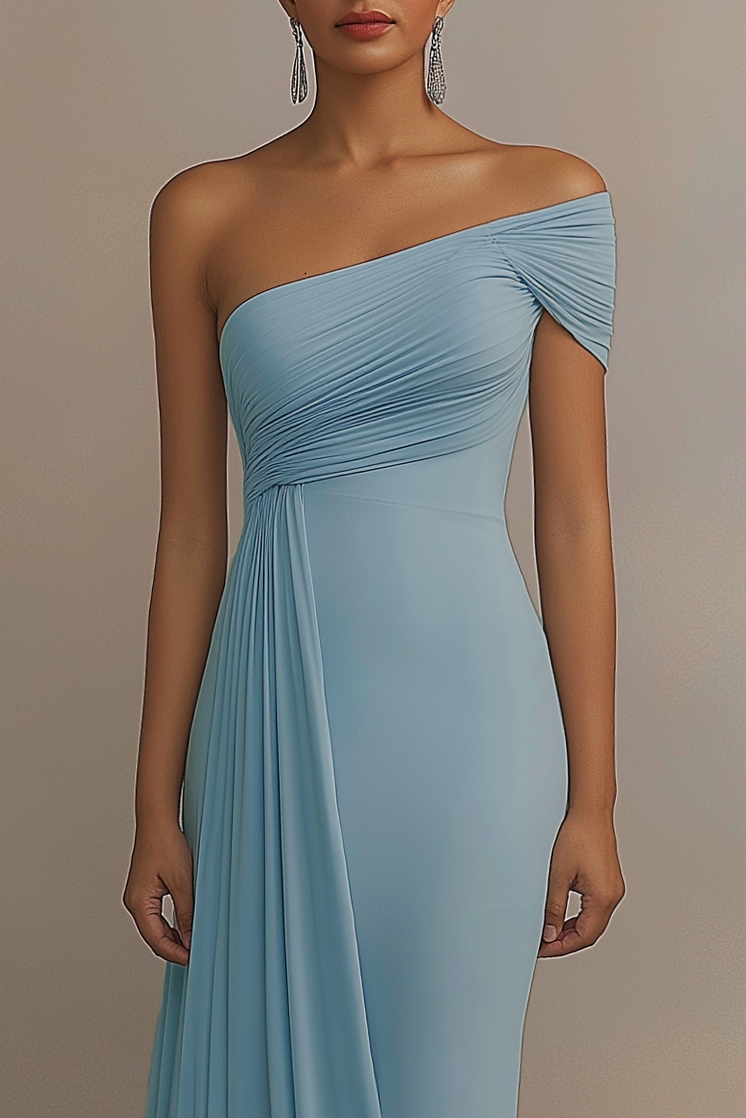 Formal Evening Dress Light Blue One Shoulder Ruched Floor Dress