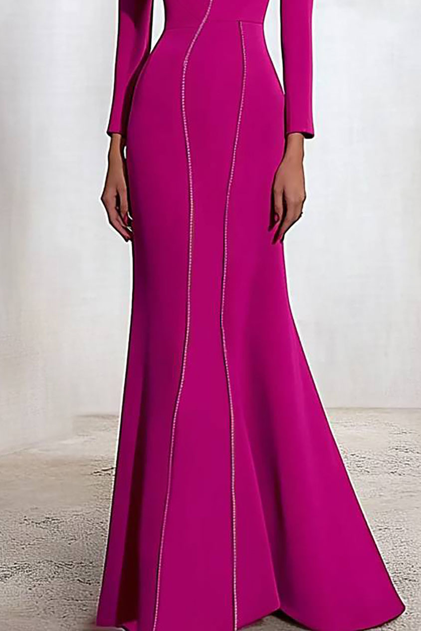 Evening Elegant Dress Rose Red Deep V Line Mermaid Long Sleeve Long Dress
