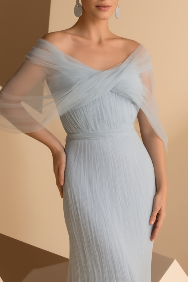 Wedding Guest Party Dress Light Blue Mesh Off Shoulder Floor Dress