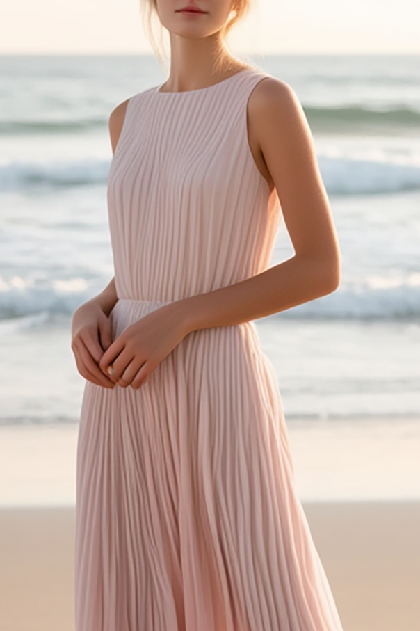 Daily Vacation Dress Light Pink Sleeveless Chiffon Pleated Midi Dress