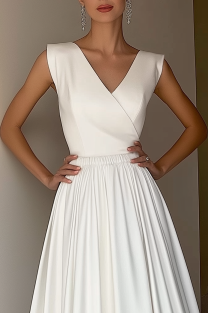 Semi-Formal Party Dress White Cross Neck Sleeveless A-Line Maxi Dress