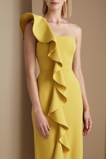 Formal Evening Gown Yellow One Shoulder Ruffle Floor-Length Dress