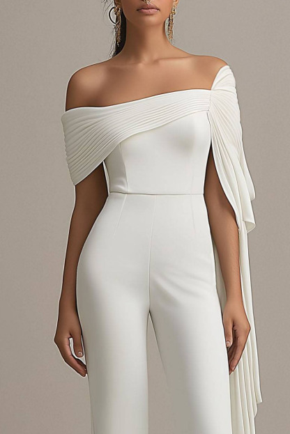 Formal Off-Shoulder White Draped Wide-Leg Jumpsuit