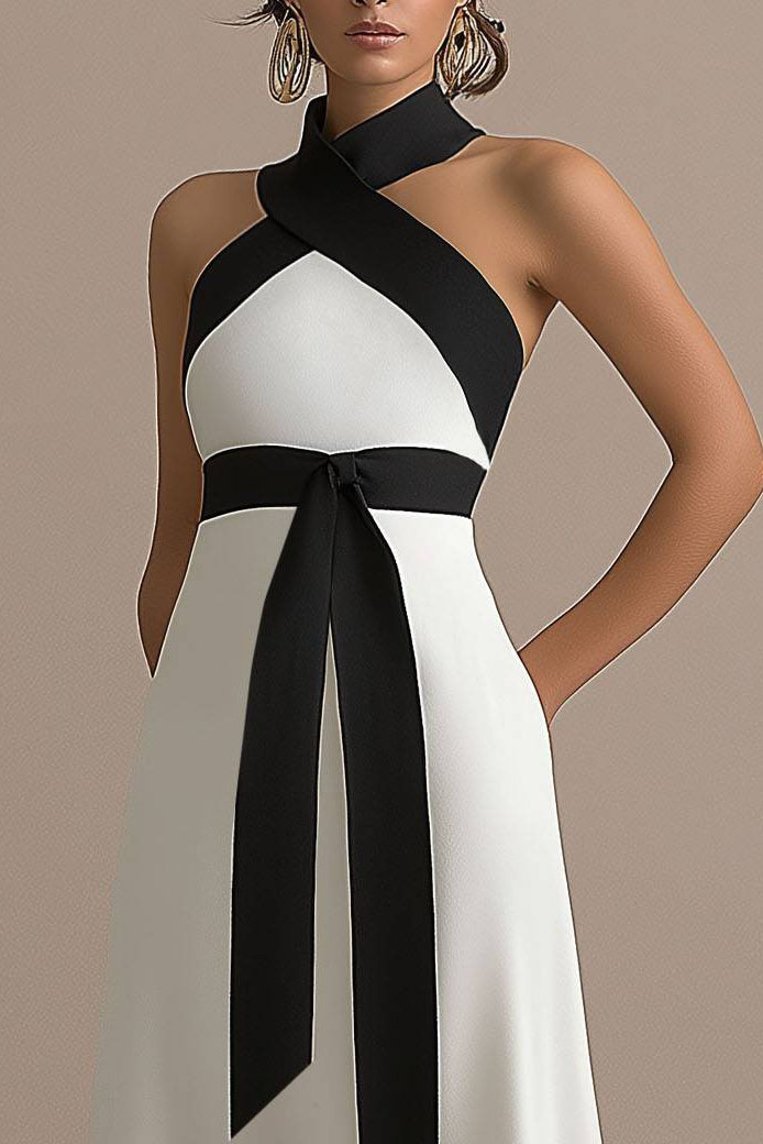Formal Black and White Halter Cross-Neck Maxi Dress