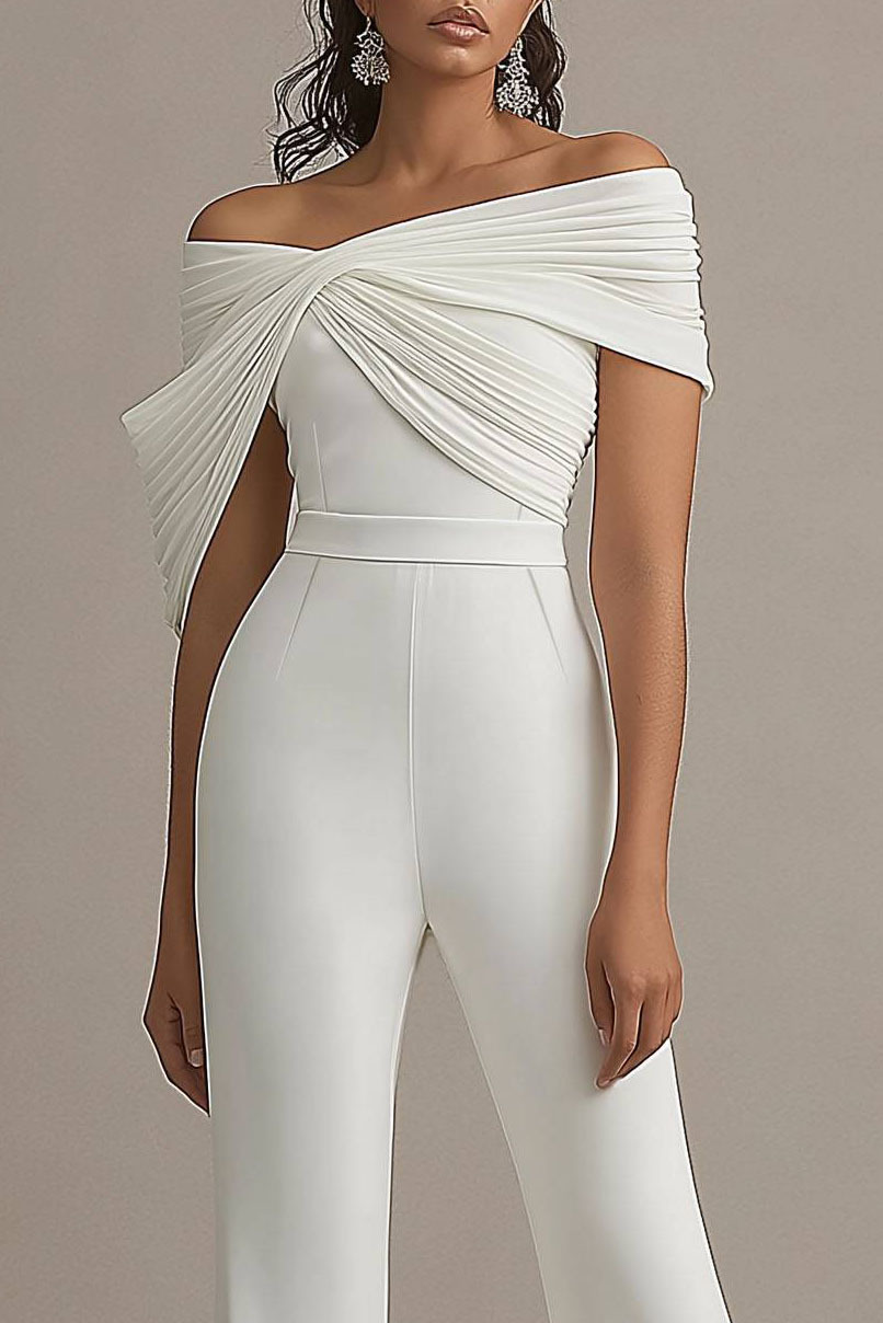 Formal Evening White Draped Flared-Leg Jumpsuit
