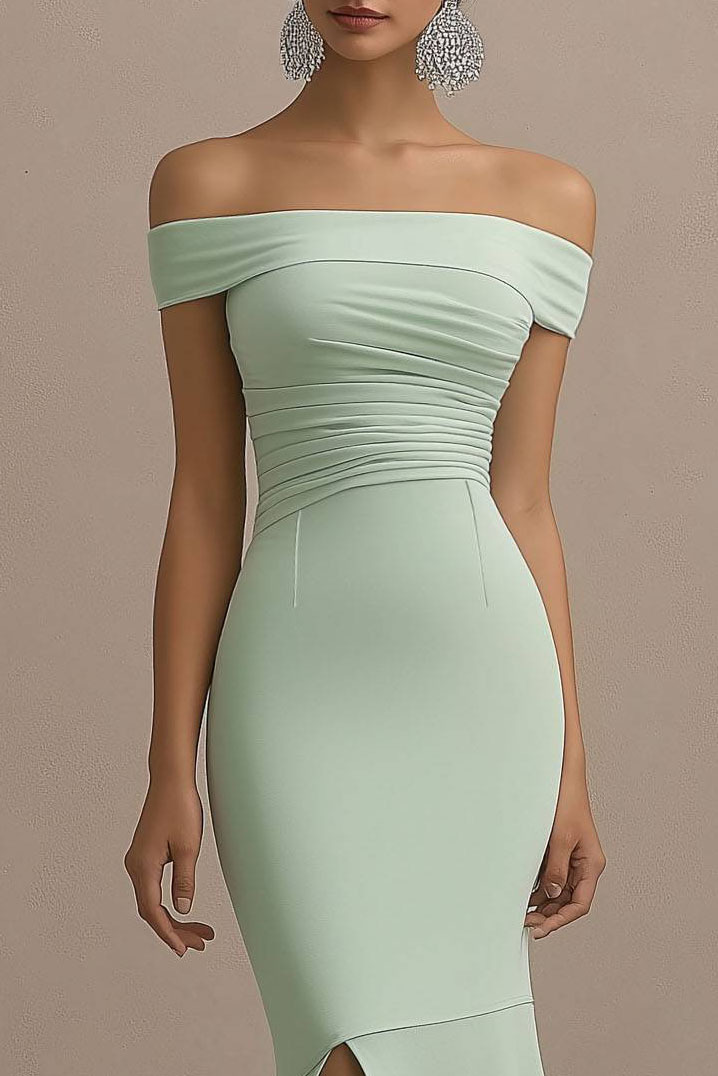Wedding Guest Party Dress Sage Green Off Shoulder Mermaid Midi Dress