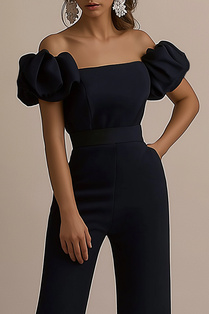 Evening Jumpsuit Black Puff Sleeve Pocket Straight Leg Pants