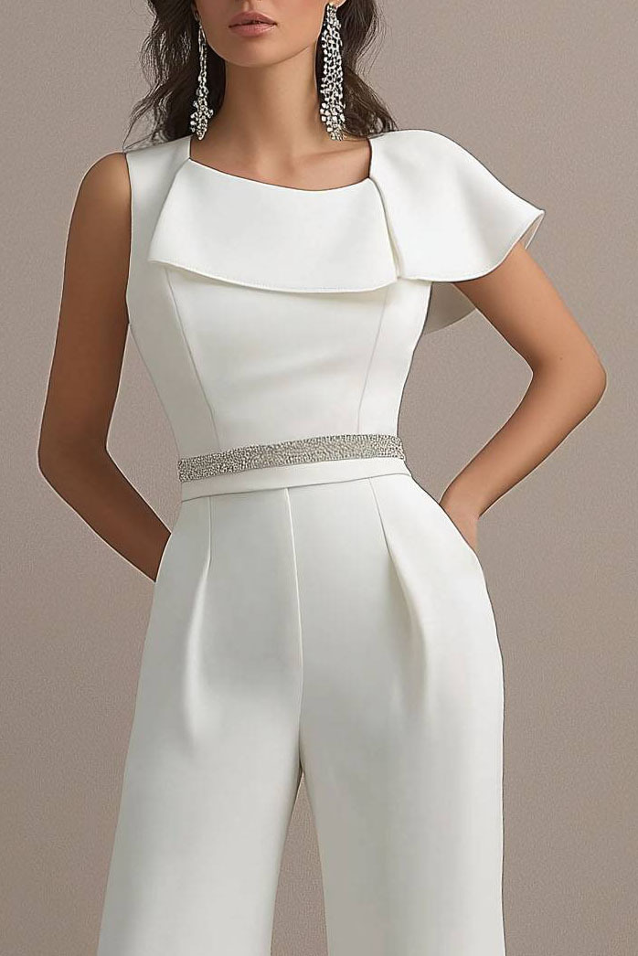 Evening Party Jumpsuit White One Shoulder Wide Leg Pants