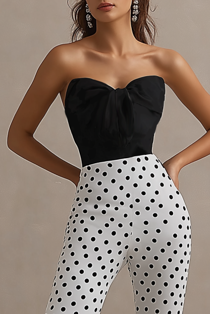 Cocktail Party Jumpsuit Black White Polka Dot Strapless Flared Pants