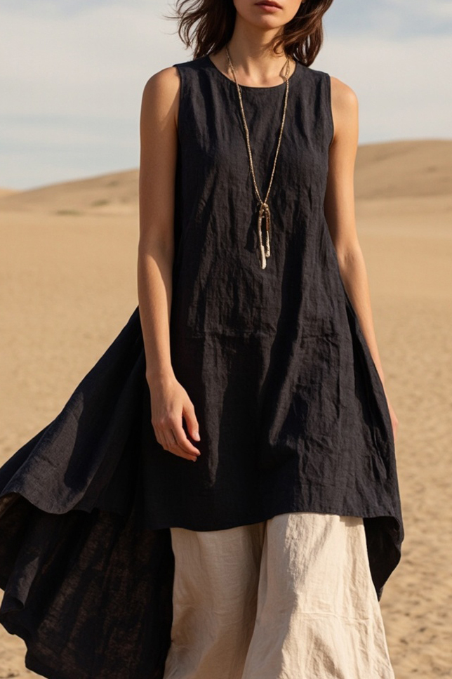 Vacation Casual Linen Set Black Sleeveless Top and Brown Cropped Pants