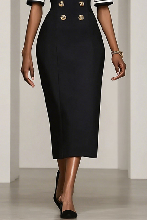 Work Dress Black White Crew Neck Colorblock Midi Dress