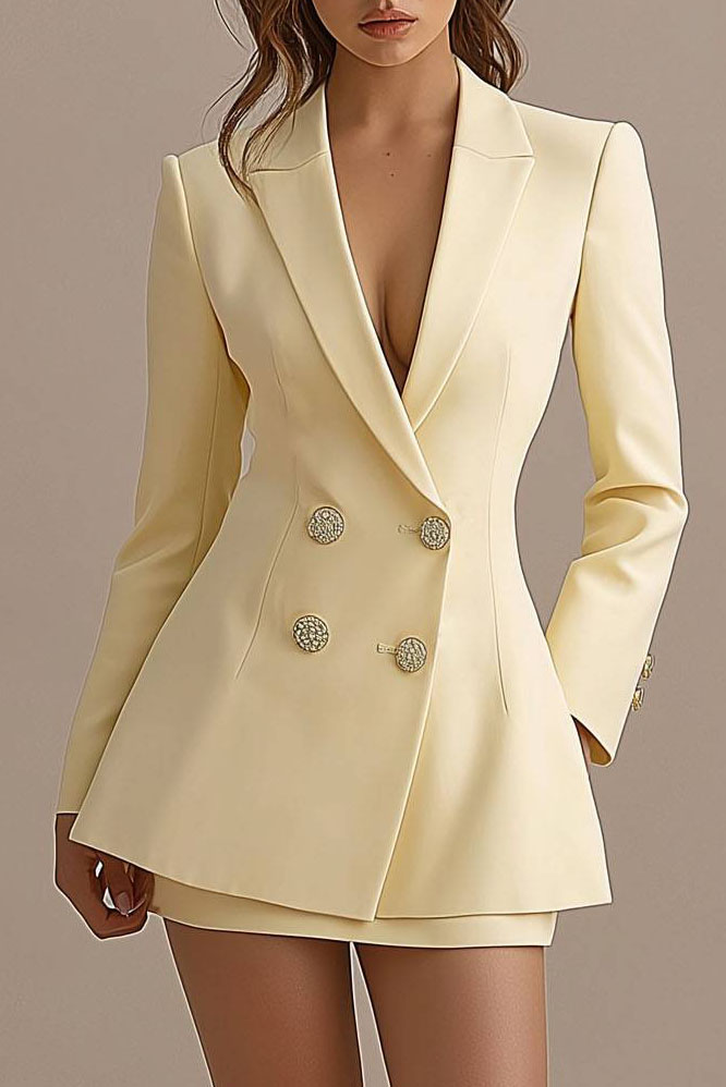 Women's office outfit featuring tailored jacket and matching mini skirt