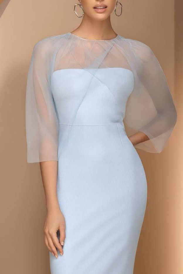 Wedding Guest Party Dress Light Blue Round Neck Tulle Bodycon Midi Dress