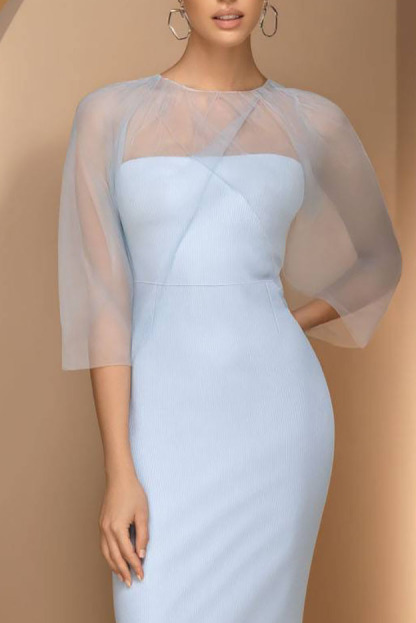 Wedding Guest Party Dress Light Blue Round Neck Tulle Bodycon Midi Dress