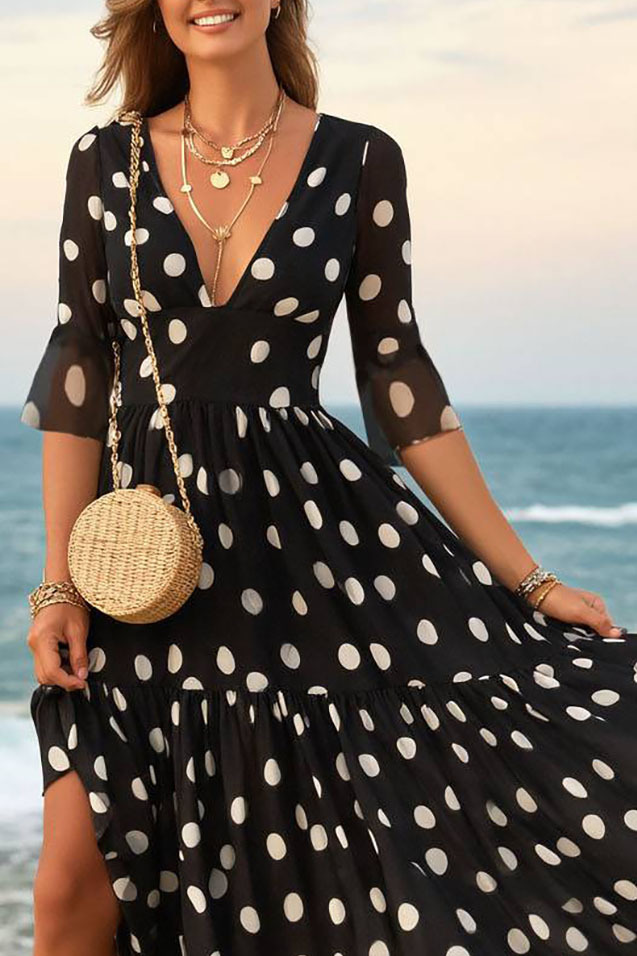 Vacation Casual Dress Black White Polka Dot V Neck Chiffon Maxi Dress