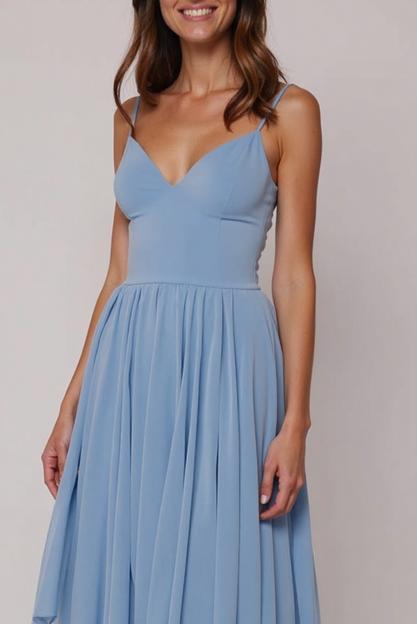 Vacation Party Dress Blue Spaghetti Strap Chiffon Floor-Length Dress