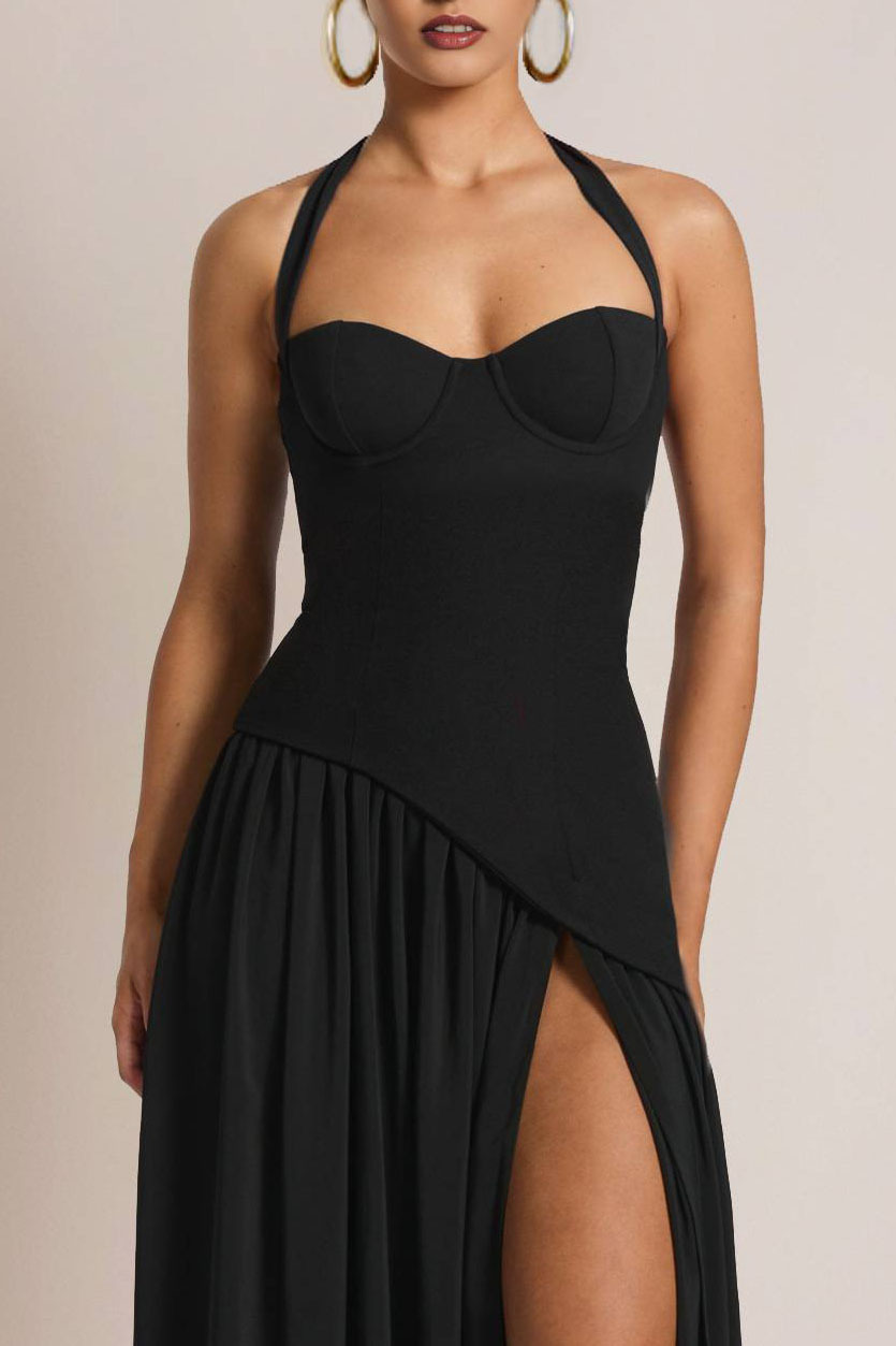 Formal Party Halter Dress Black High Split Maxi Gown