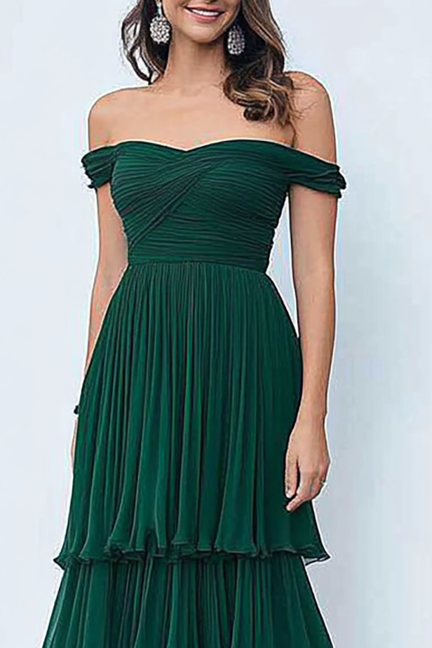 Prom Tiered Dress Green Off Shoulder Ruched Chiffon Floor-Length Gown