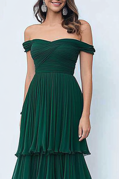 Prom Tiered Dress Green Off Shoulder Ruched Chiffon Floor-Length Gown