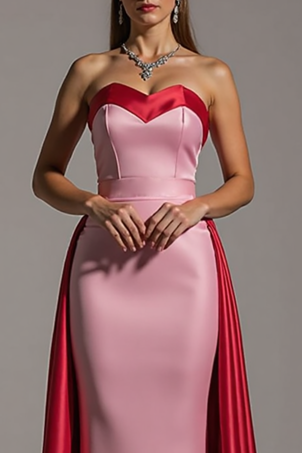 Formal Evening Strapless Dress Red Pink Satin Bodycon Train Gown