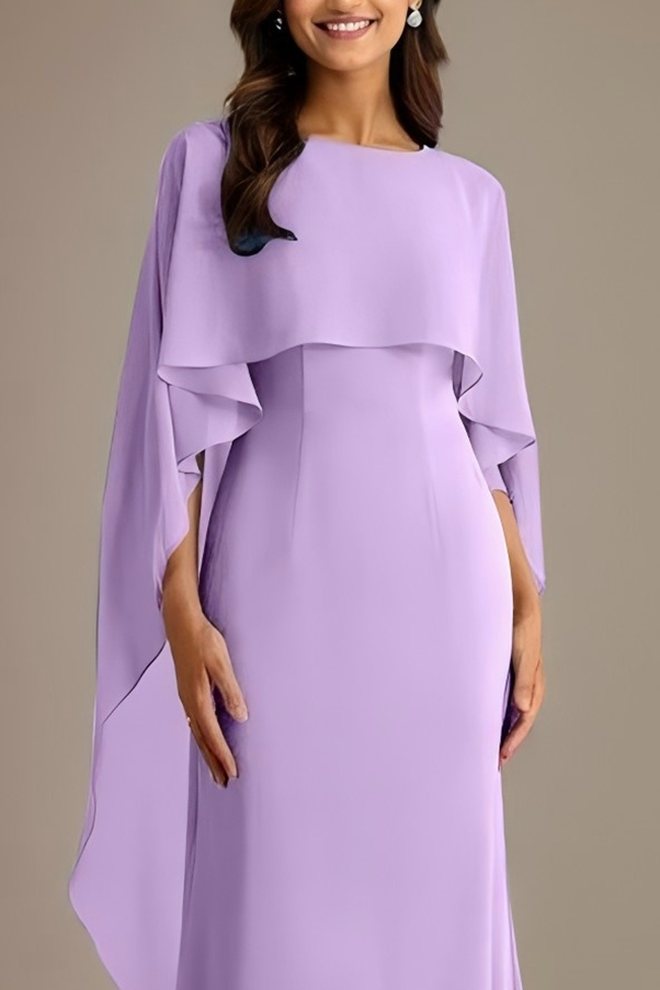 Formal Evening Dress Purple Round Neck Cape Chiffon Floor-Length Gown